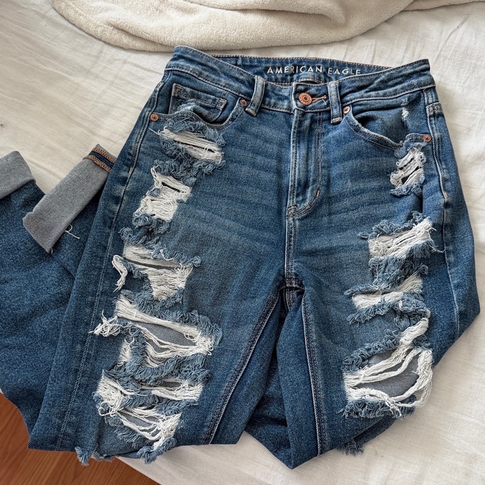 American Eagle Outfitters Distressed Dark Blue Boyfriend Jeans